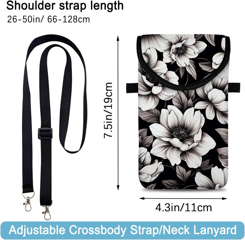 otilil Neoprene Cell Phone Sleeve Pouch Case Bag with Crossbody Strap Neck Lanyard for Women 7.5 X 4.3 in Flower Black - Image 2